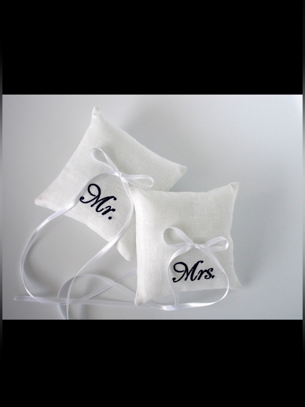 Mr. & Mrs. Embroidered Ring Bearer Pillows - White